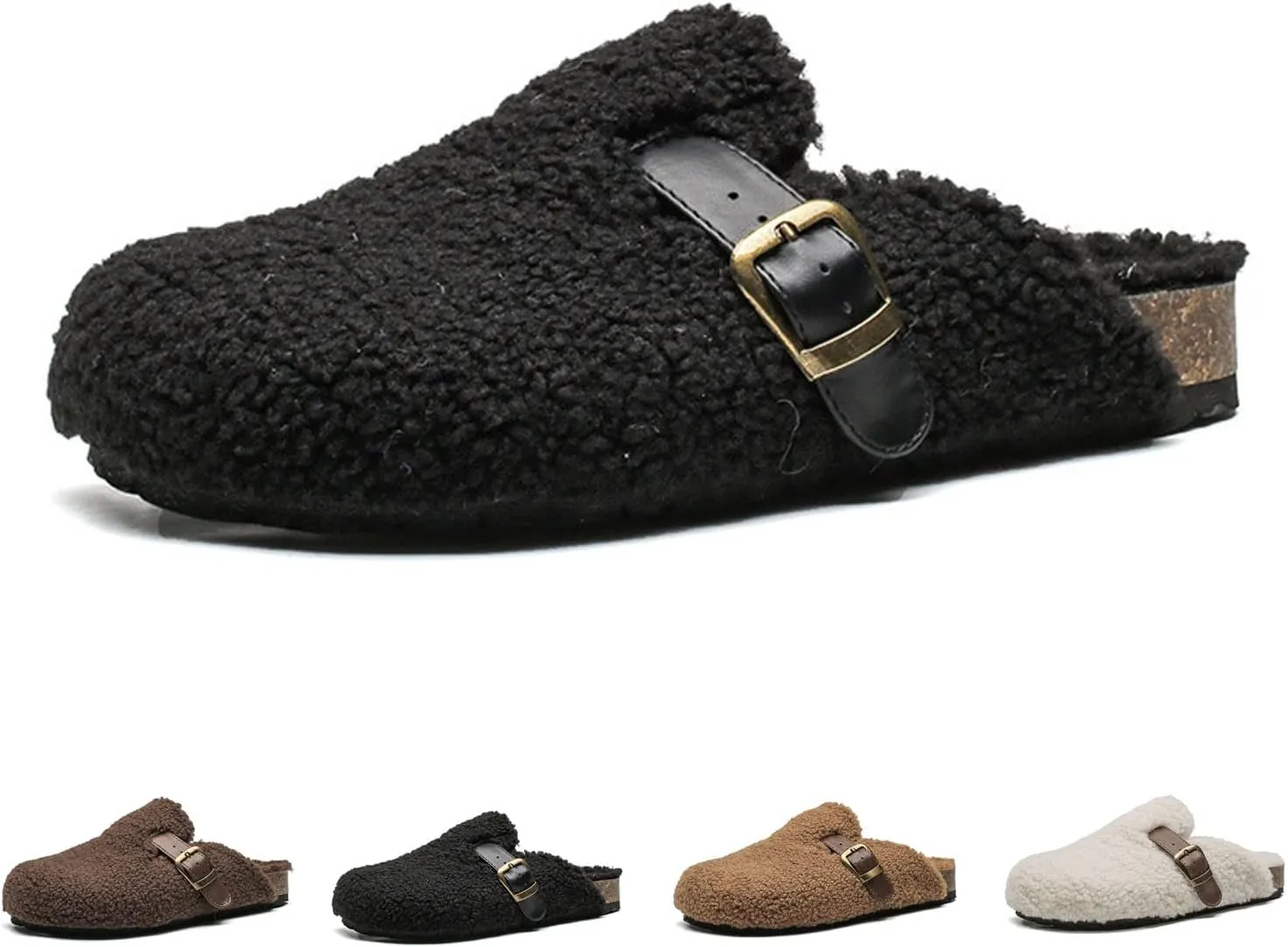 CT-Tebrun Women Shearling Slipper，Buckled Sherpa-effect Loafers With Round Toe Clog Soft Fuzzy Slip On Mules Women's Slippers