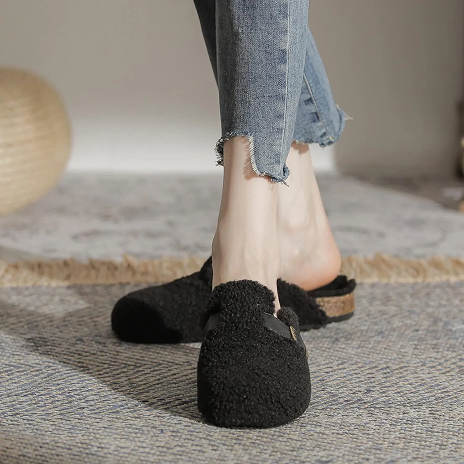 CT-Tebrun Women Shearling Slipper，Buckled Sherpa-effect Loafers With Round Toe Clog Soft Fuzzy Slip On Mules Women's Slippers