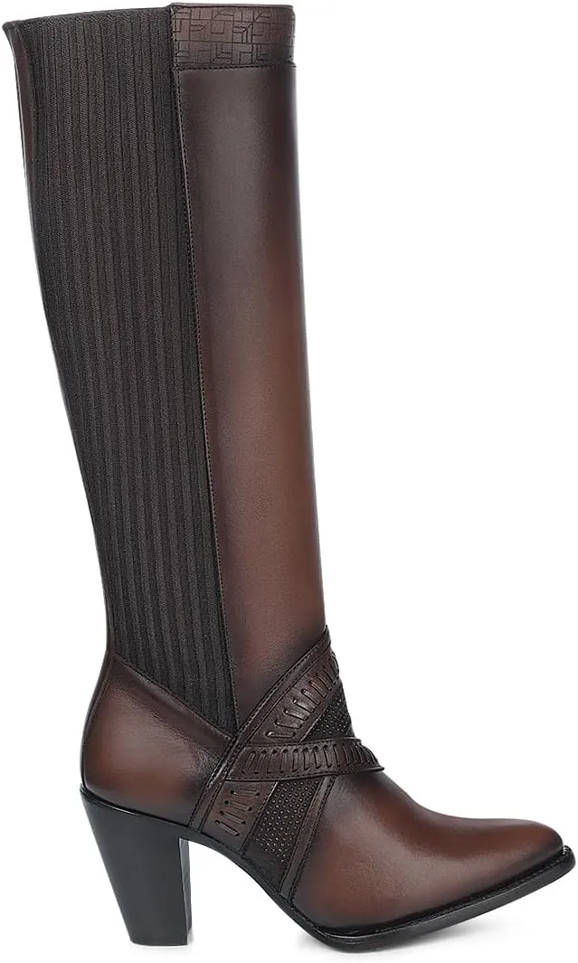 Cuadra Women's Knee-High Leather Boots with Stacked Heel, 3F99RS Honey Brown