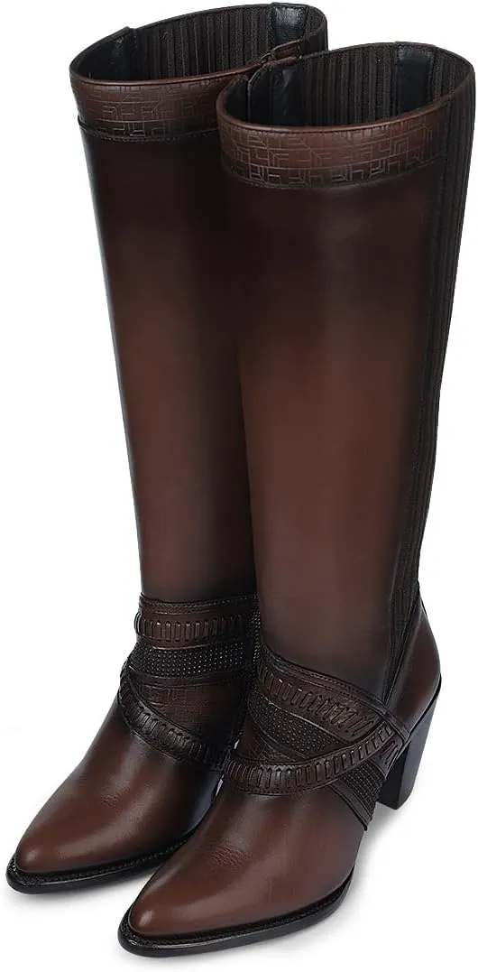 Cuadra Women's Knee-High Leather Boots with Stacked Heel, 3F99RS Honey Brown
