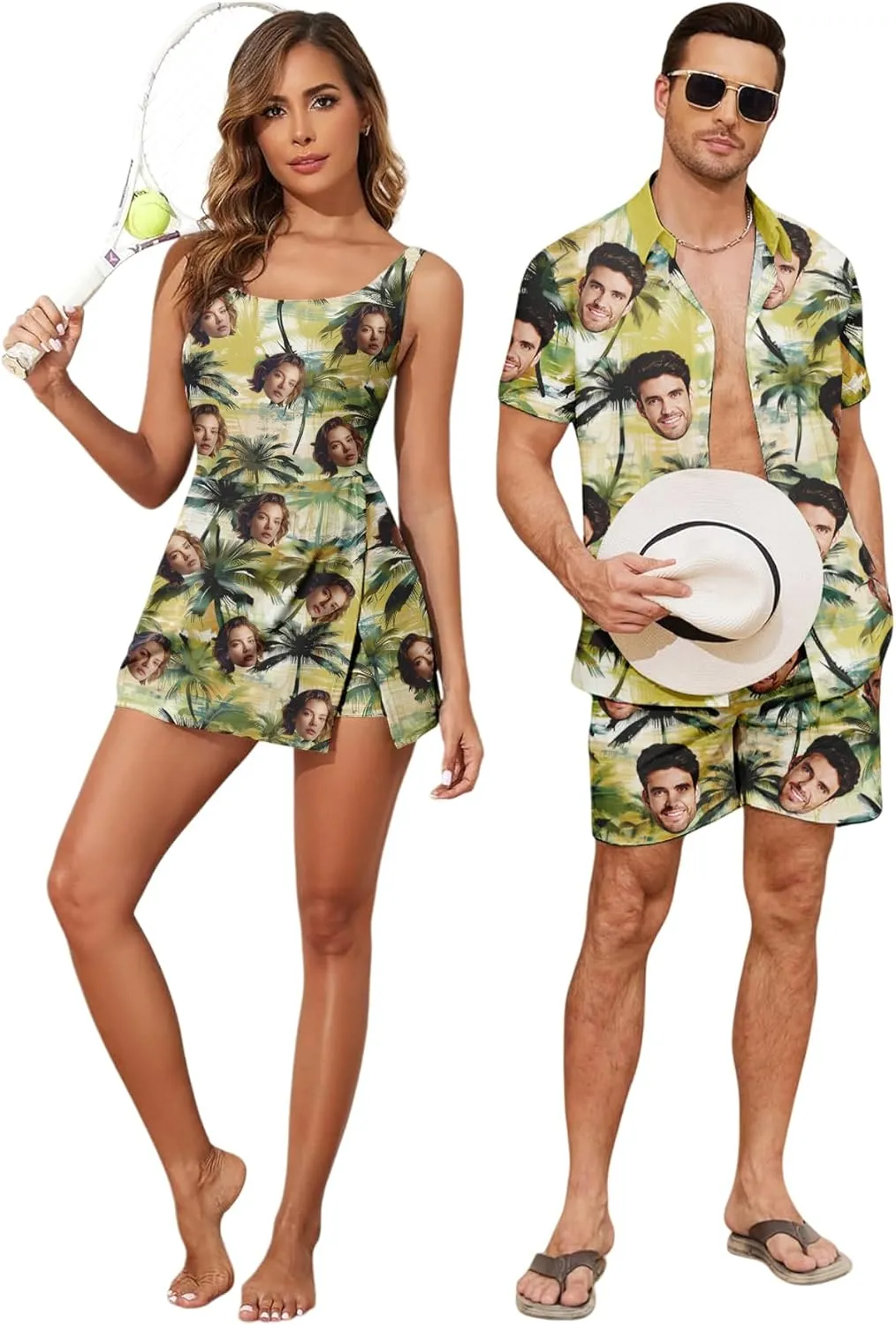 Custom Matching Hawaiian Outfits for Couples Personalized Beach Vacation Tropical Print Men Shirt Suit
