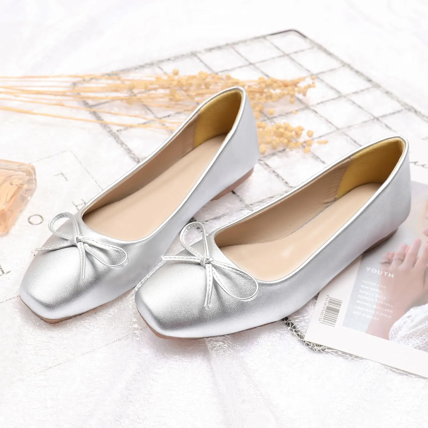Dear Time Women's Casual Foldable Ballet Flats Square Toe Ballerina Flats Shoes Comfortable