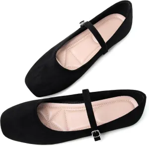 Dear Time Women's Comfortable Mary Jane Flats Soft Flats Square Toe Casual Ballet Flats with Ankle Strap