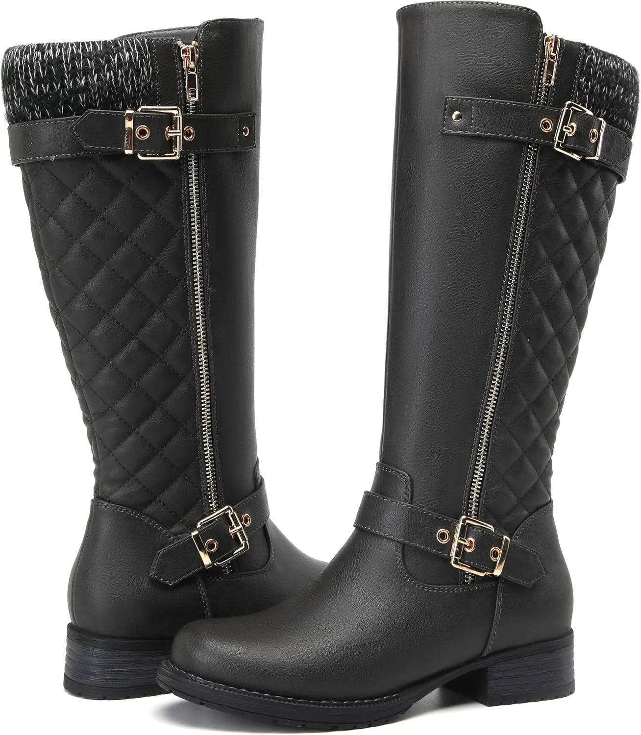 DECARSDZ Women's Knee-High Boots Fashion Riding Booite Metal Buckle Calf Boot