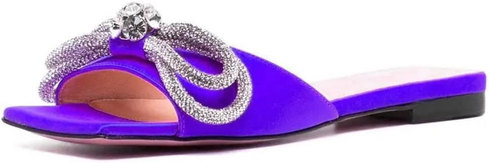 Divanne Slide Sandals for Women, Rhinestone Sandal Flats Bow Slippers Comfort Dressy Flat Slides