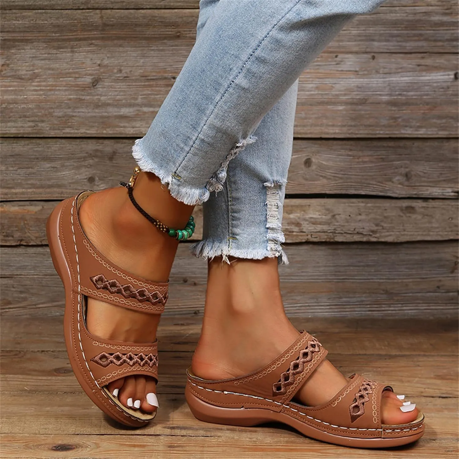 DOIX Women's Hollow Garden Clogs Sandals Casual Flats Embroidered Slippers Slip on Mules Loafer Shoes Summer Indoor Outdoor Anti-Slip Walking Shoes Memory Foam Padded,Brown,US10/EU41