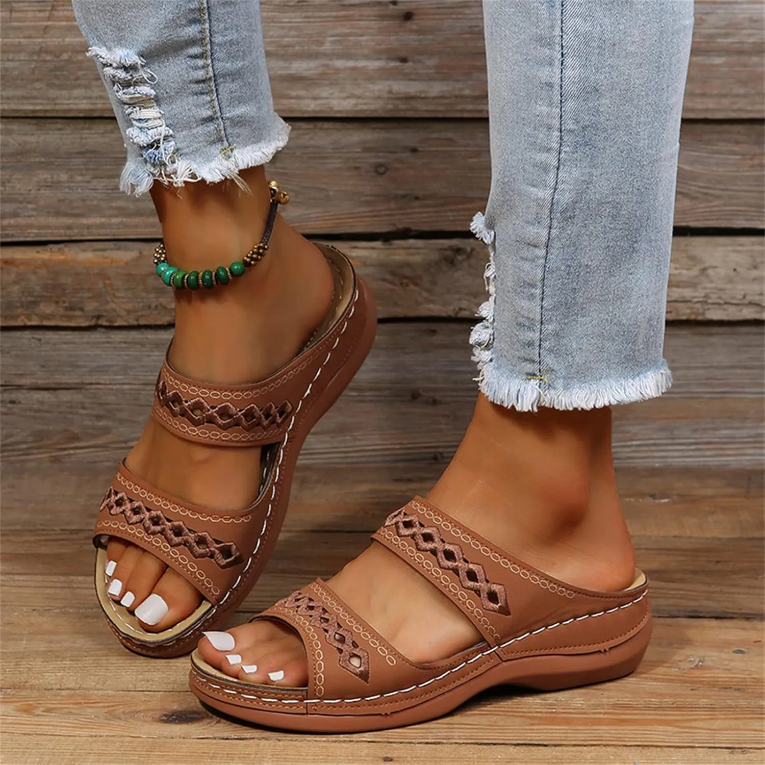 DOIX Women's Hollow Garden Clogs Sandals Casual Flats Embroidered Slippers Slip on Mules Loafer Shoes Summer Indoor Outdoor Anti-Slip Walking Shoes Memory Foam Padded,Brown,US10/EU41