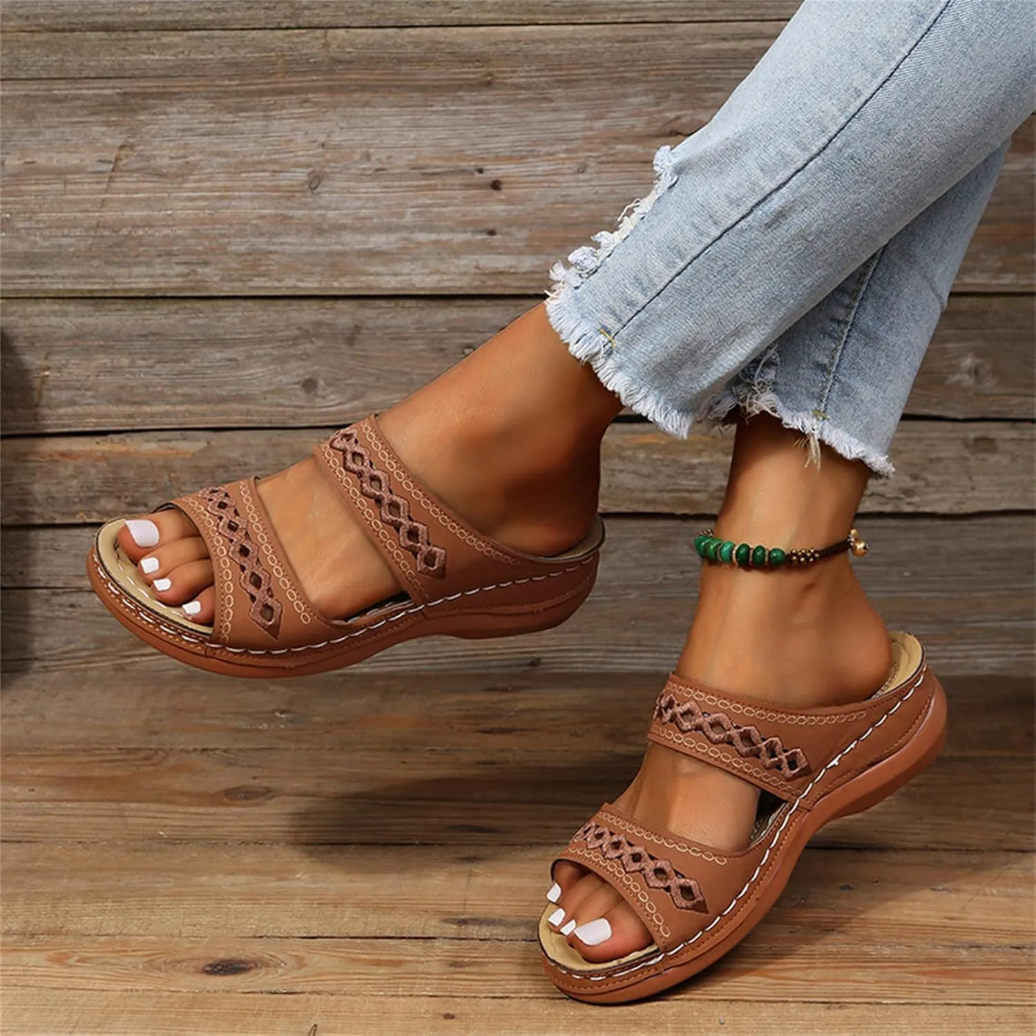 DOIX Women's Hollow Garden Clogs Sandals Casual Flats Embroidered Slippers Slip on Mules Loafer Shoes Summer Indoor Outdoor Anti-Slip Walking Shoes Memory Foam Padded,Brown,US10/EU41