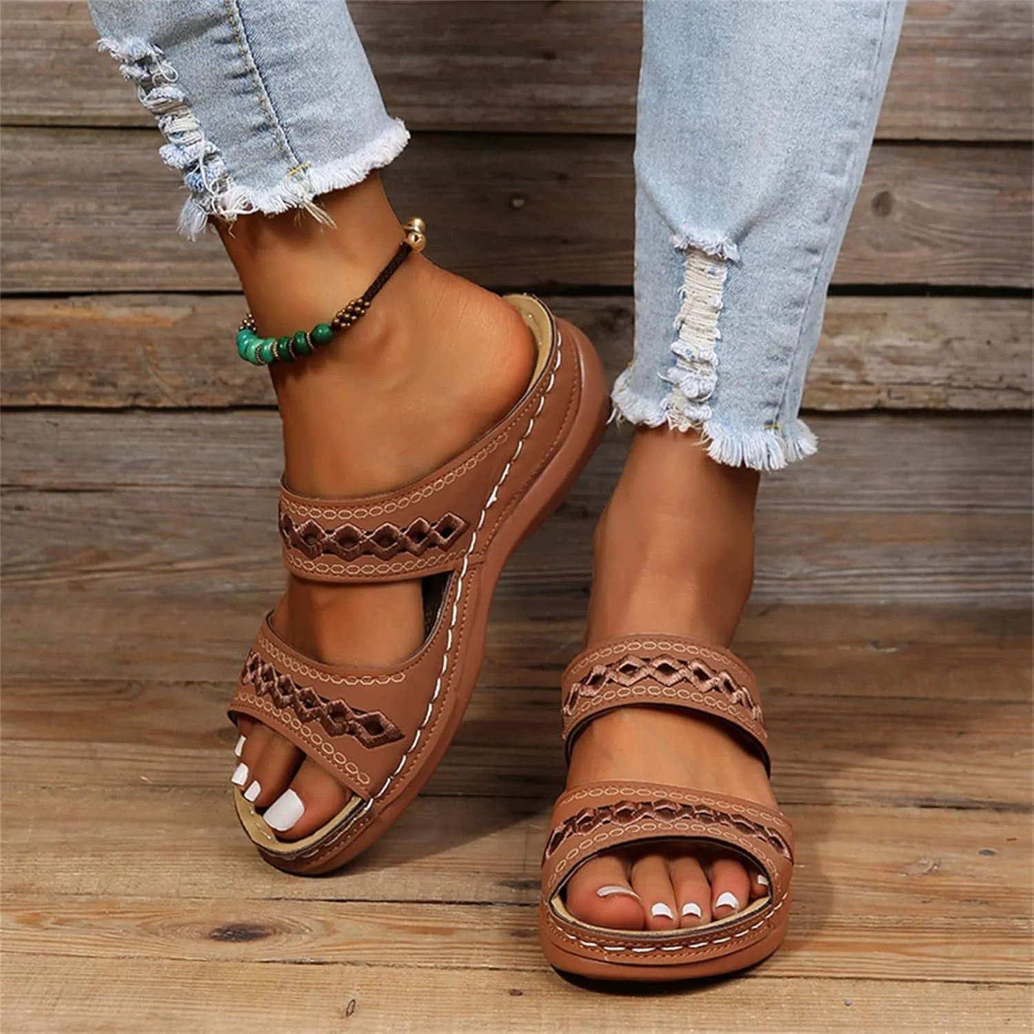 DOIX Women's Hollow Garden Clogs Sandals Casual Flats Embroidered Slippers Slip on Mules Loafer Shoes Summer Indoor Outdoor Anti-Slip Walking Shoes Memory Foam Padded,Brown,US10/EU41
