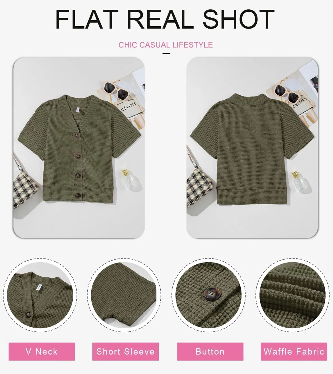 Dokotoo Womens Summer Tops 2025 Waffle Knit Button Down Shirts Casual V Neck Short Sleeve Shacket Jacket Dressy Blouses