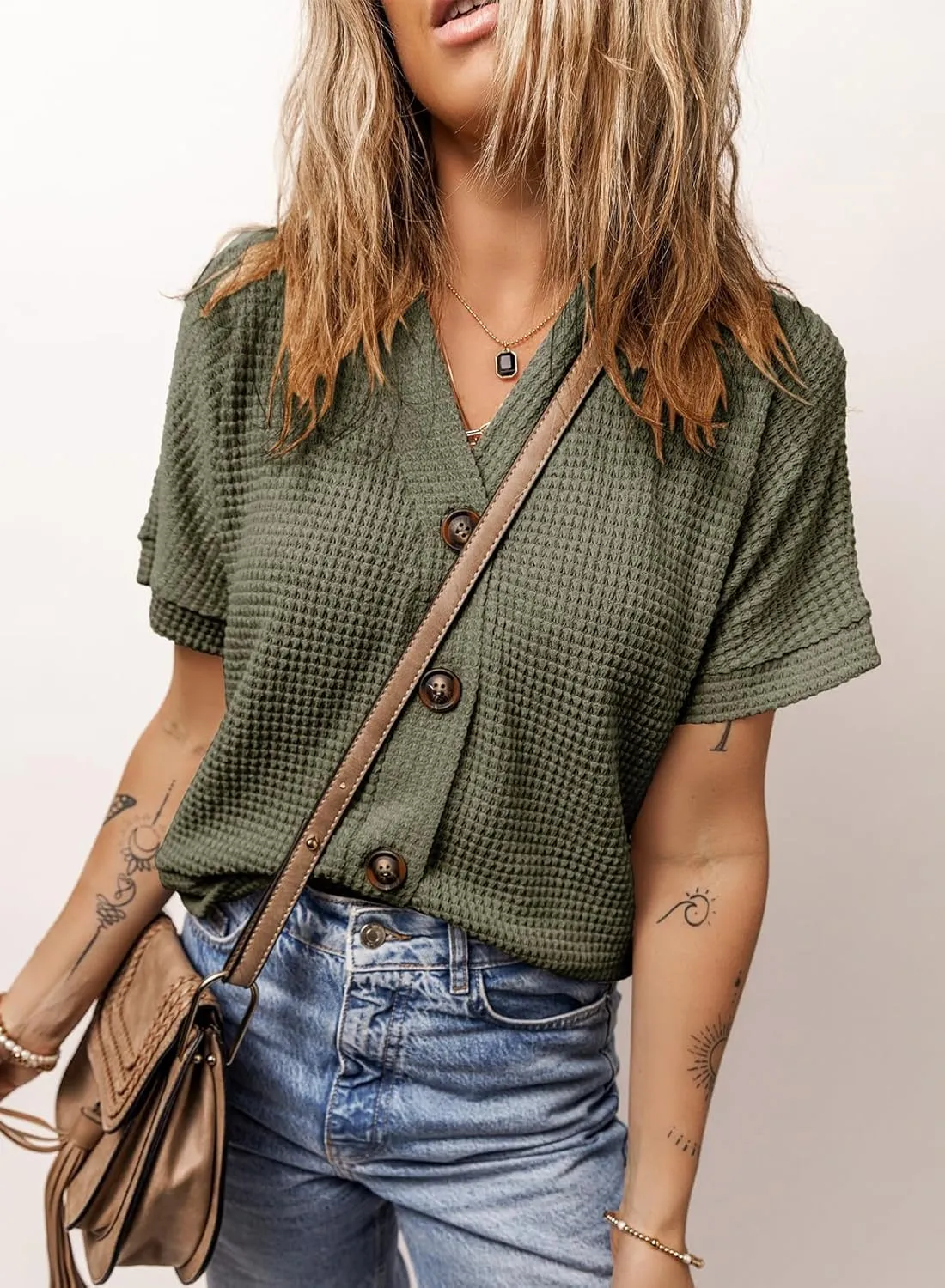 Dokotoo Womens Summer Tops 2025 Waffle Knit Button Down Shirts Casual V Neck Short Sleeve Shacket Jacket Dressy Blouses