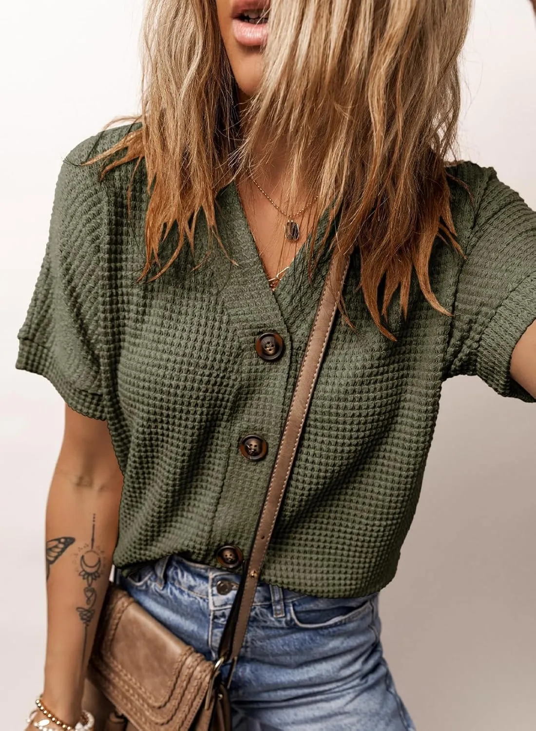 Dokotoo Womens Summer Tops 2025 Waffle Knit Button Down Shirts Casual V Neck Short Sleeve Shacket Jacket Dressy Blouses