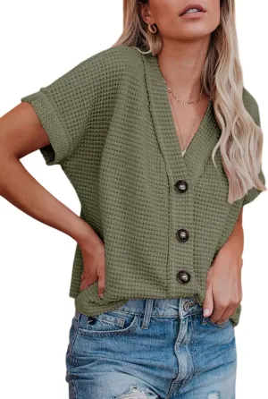 Dokotoo Womens Summer Tops 2025 Waffle Knit Button Down Shirts Casual V Neck Short Sleeve Shacket Jacket Dressy Blouses