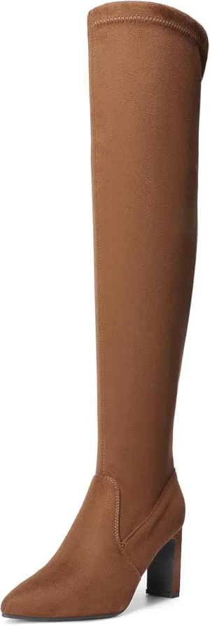 DREAM PAIRS Women's Over The Knee Stretch Thigh High Boots Chunky High Heels Pointed Toe Long Fall Boots