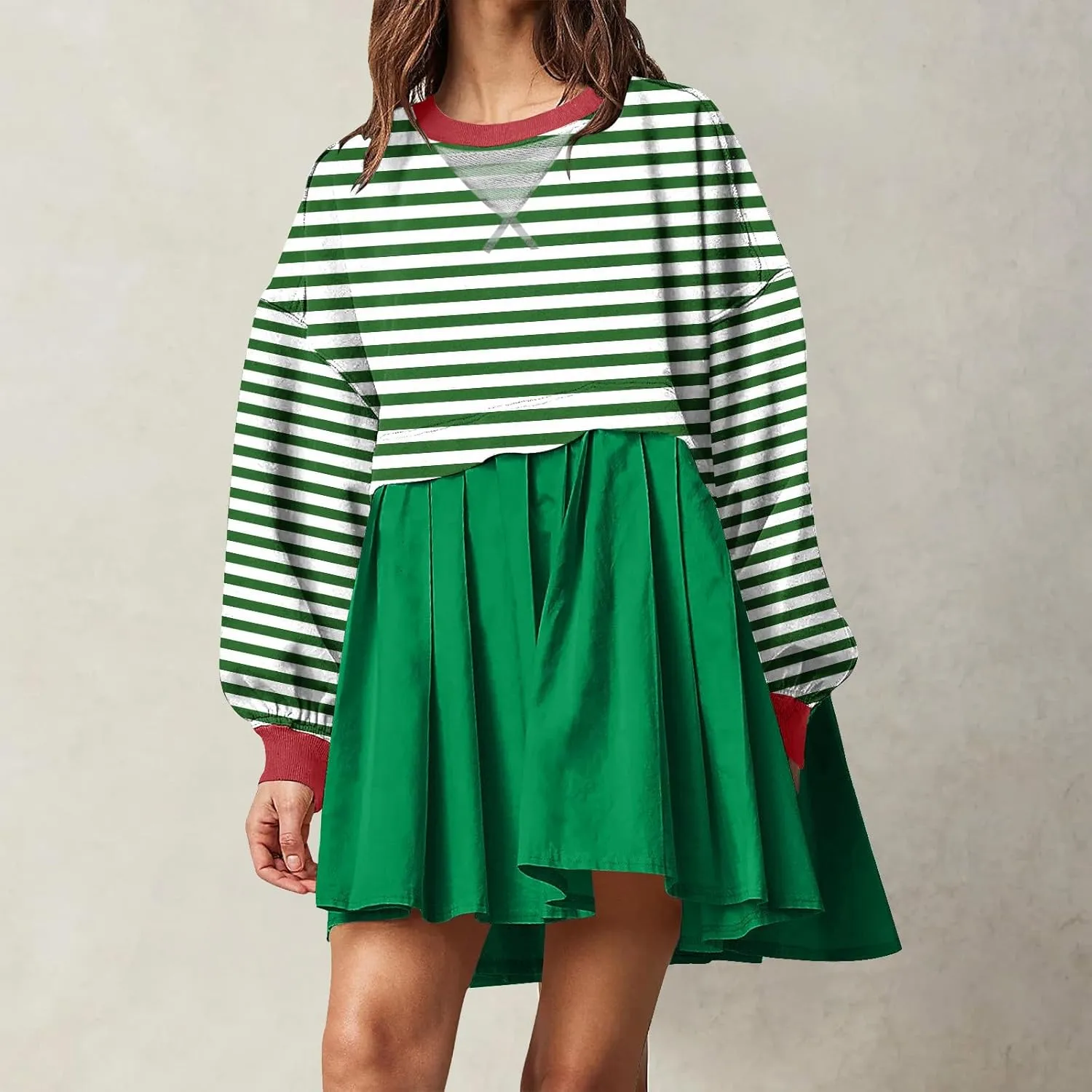 Dresses for Women 2024 Trendy Patchwork Striped Causal Long Sleeve Crewneck Sweatshirt Dress Cute Ruffle Mini Dress