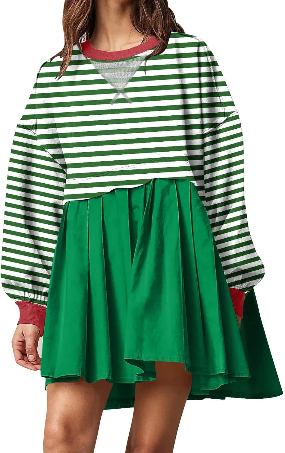 Dresses for Women 2024 Trendy Patchwork Striped Causal Long Sleeve Crewneck Sweatshirt Dress Cute Ruffle Mini Dress