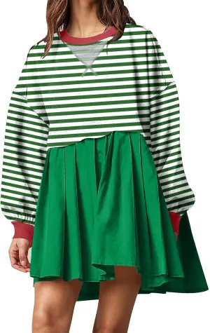 Dresses for Women 2024 Trendy Patchwork Striped Causal Long Sleeve Crewneck Sweatshirt Dress Cute Ruffle Mini Dress