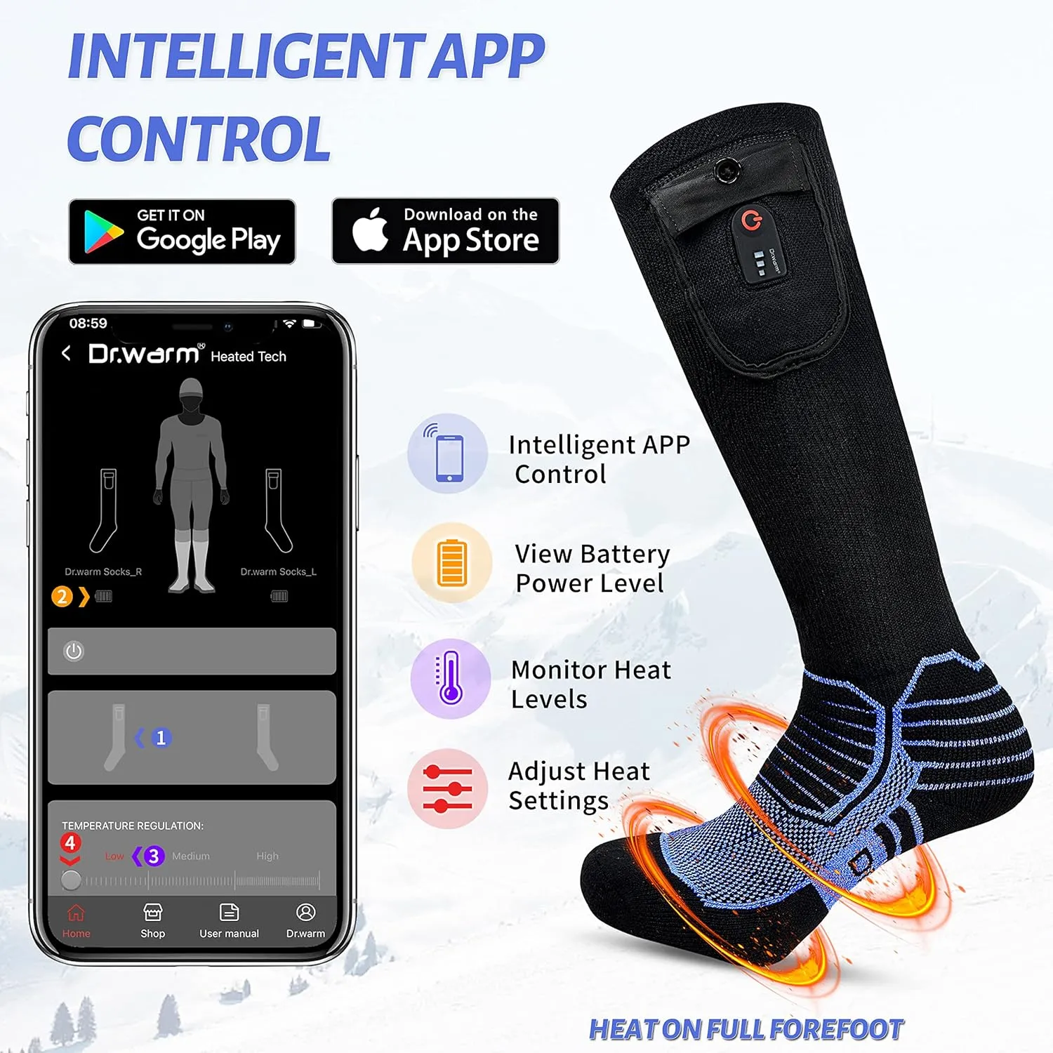 Dr.Warm Heated Socks with APP Remote Control, 3000mAh 7.4V Rechargeable Battery Heating Socks for Men Women, Winter Foot Warmer for Hunting Ice Fishing Camping Hiking Skiing