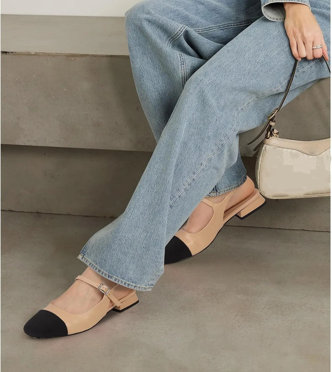 Dsevht Slingback Flats for Women Closed Square Toe Mary Jane Ballet Flats Casual Fashion Dress Shoes for Women