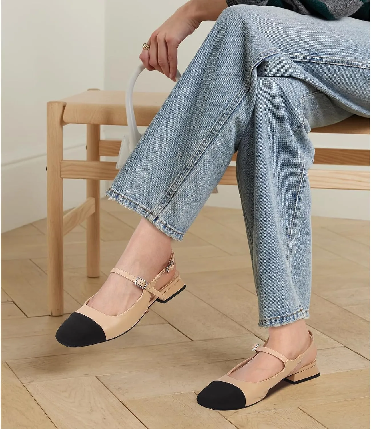 Dsevht Slingback Flats for Women Closed Square Toe Mary Jane Ballet Flats Casual Fashion Dress Shoes for Women
