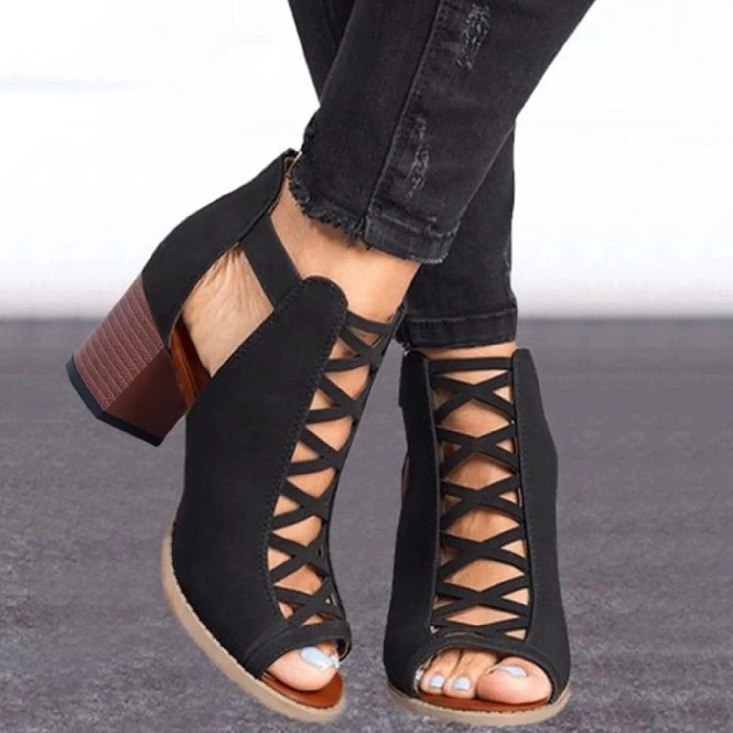 Eduavar Sandals for Women Dressy Summer, Sandals for Women Dressy Summer Heel Sandals Lace Floral Close Toed Zip Up Sandals