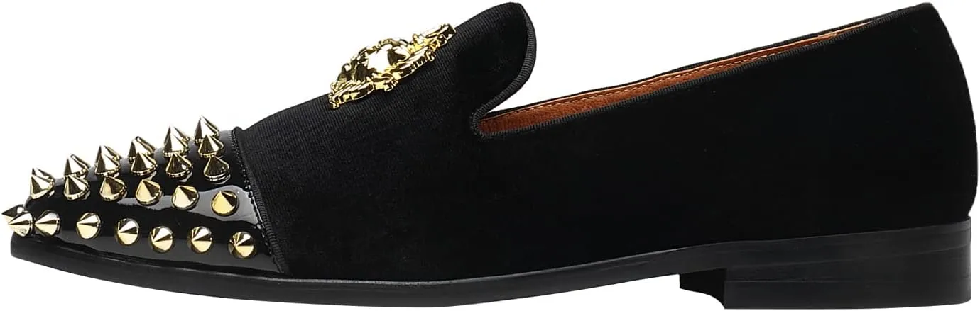 ELANROMAN Men's Loafers Gold Buckle Wedding Party Prom Velvet Dress Shoes