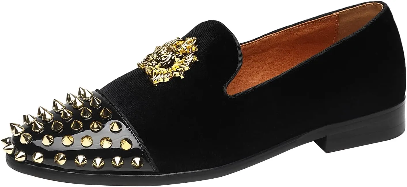 ELANROMAN Men's Loafers Gold Buckle Wedding Party Prom Velvet Dress Shoes