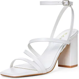 Elisabet Tang Women's Strappy Chunky Heels Sandals, Ankle Strap 3 inch Mid Block Heels Lace up Square Open Toe Thick Heeled Sandals Shoes