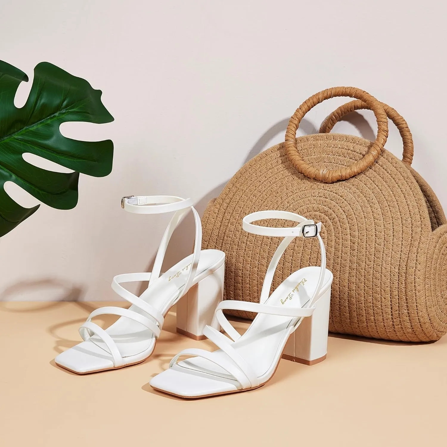 Elisabet Tang Women's Strappy Chunky Heels Sandals, Ankle Strap 3 inch Mid Block Heels Lace up Square Open Toe Thick Heeled Sandals Shoes