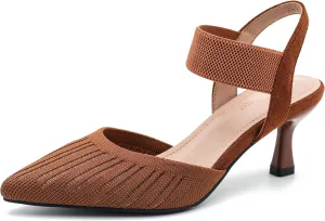 Enelauge Women's Closed Toe Low Kitten Heels Knit Pumps Elastic Ankle Strap Sandals Slingback Pointed Toe Wedding Prom Dress Shoes