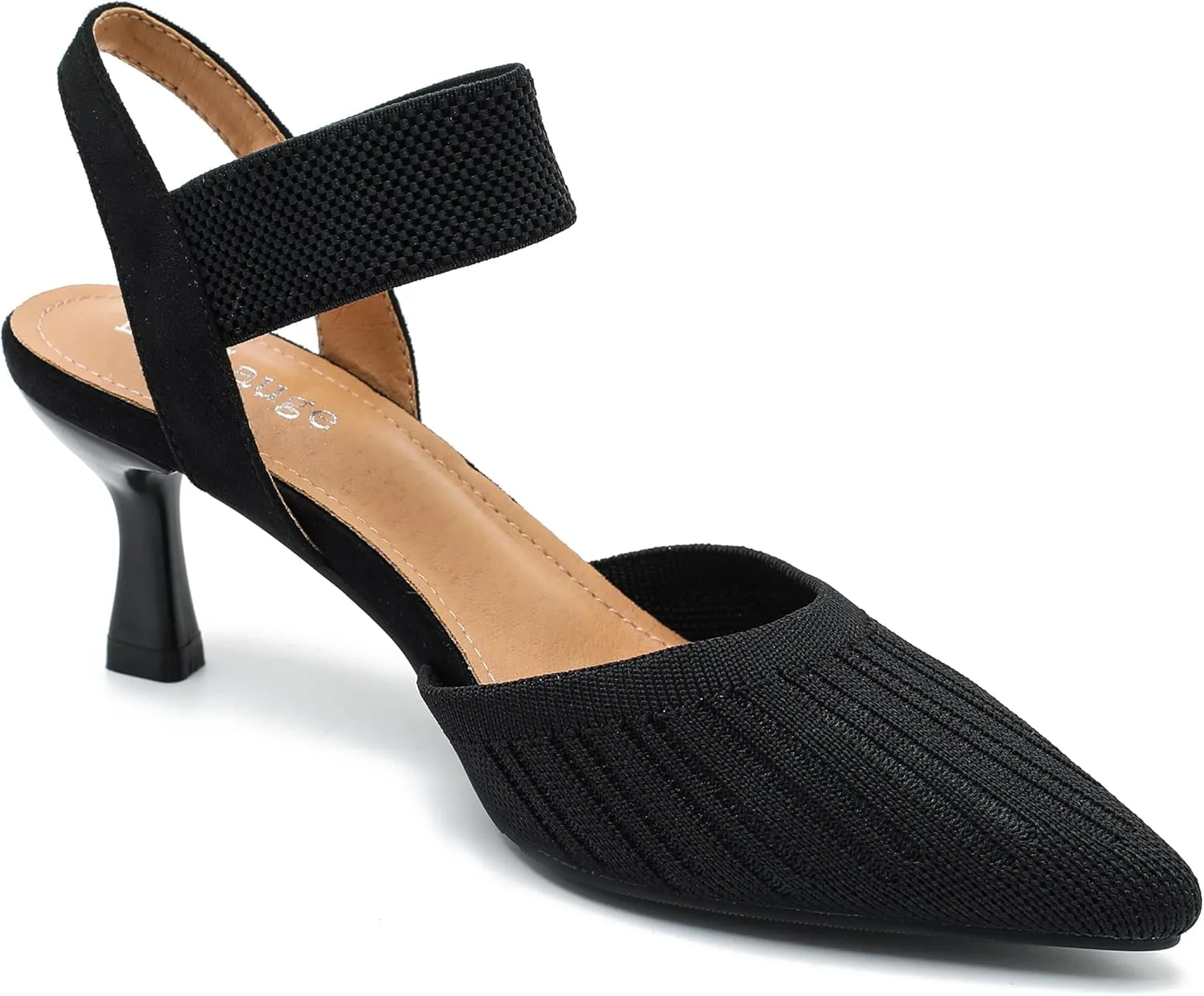 Enelauge Women's Closed Toe Low Kitten Heels Knit Pumps Elastic Ankle Strap Sandals Slingback Pointed Toe Wedding Prom Dress Shoes