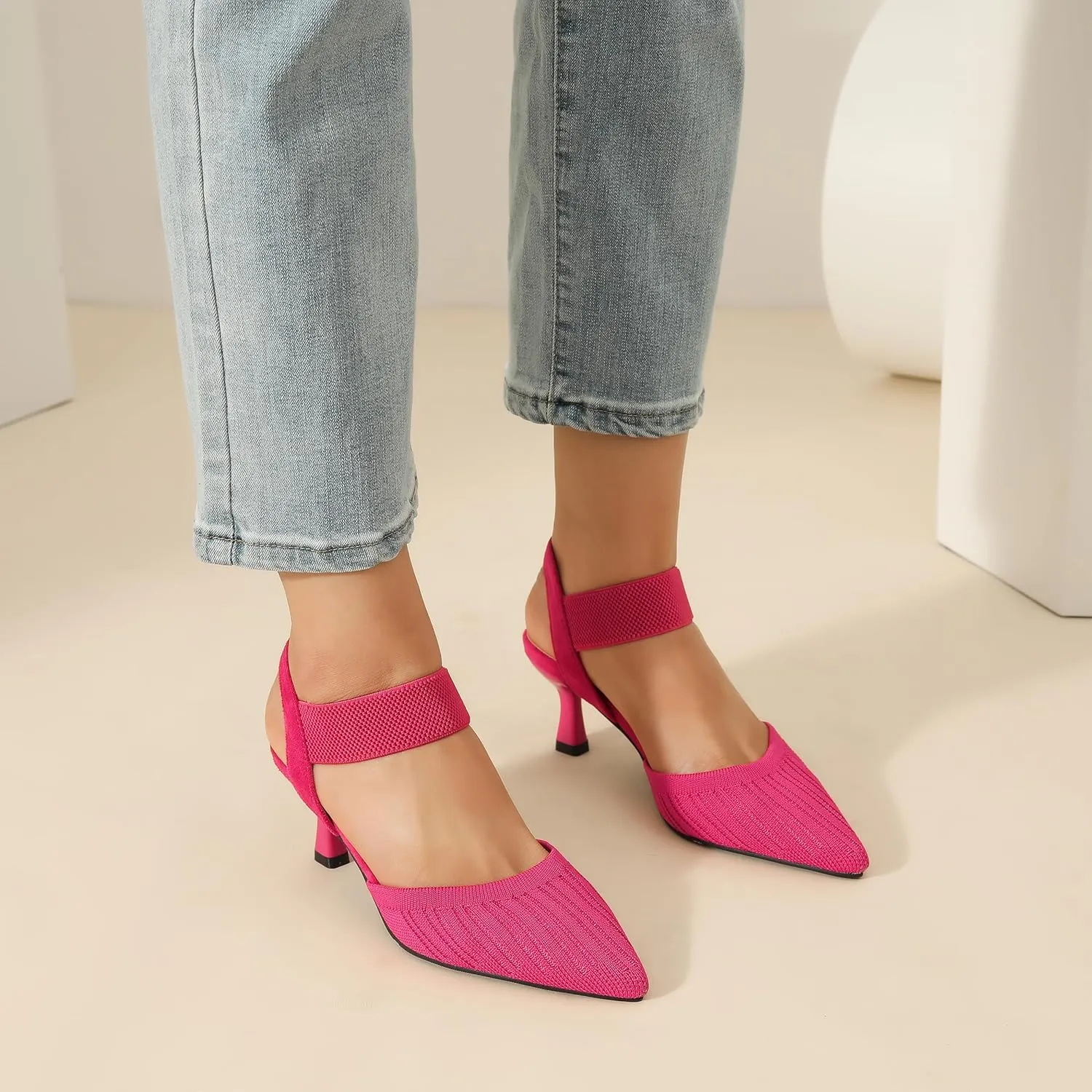 Enelauge Women's Closed Toe Low Kitten Heels Knit Pumps Elastic Ankle Strap Sandals Slingback Pointed Toe Wedding Prom Dress Shoes