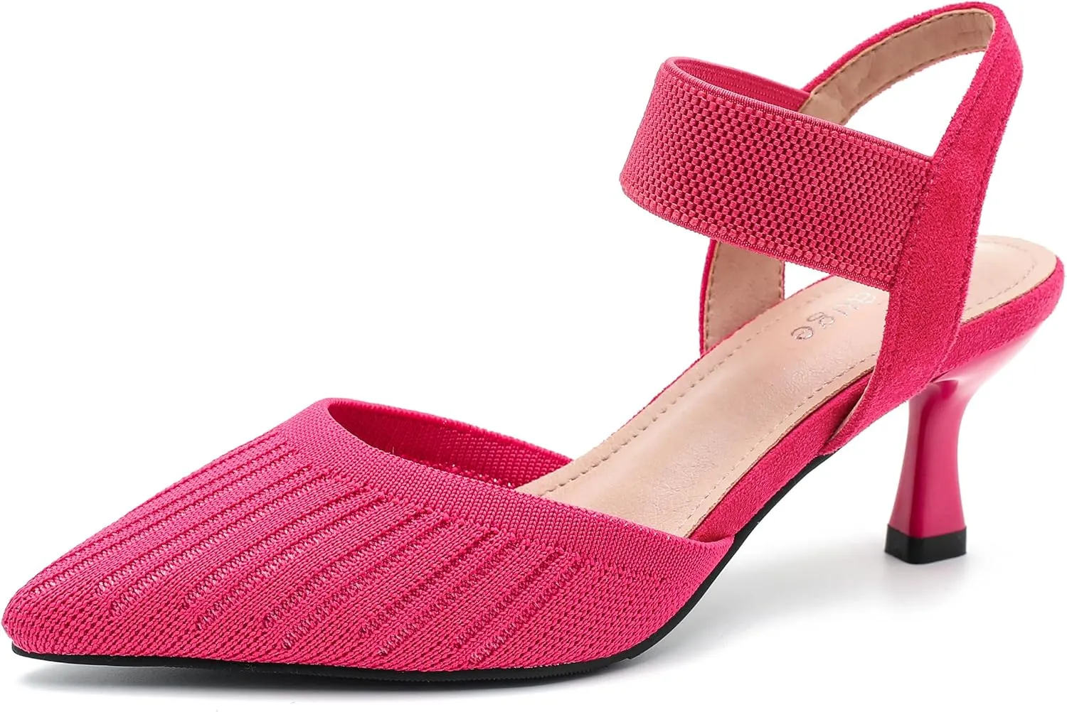 Enelauge Women's Closed Toe Low Kitten Heels Knit Pumps Elastic Ankle Strap Sandals Slingback Pointed Toe Wedding Prom Dress Shoes