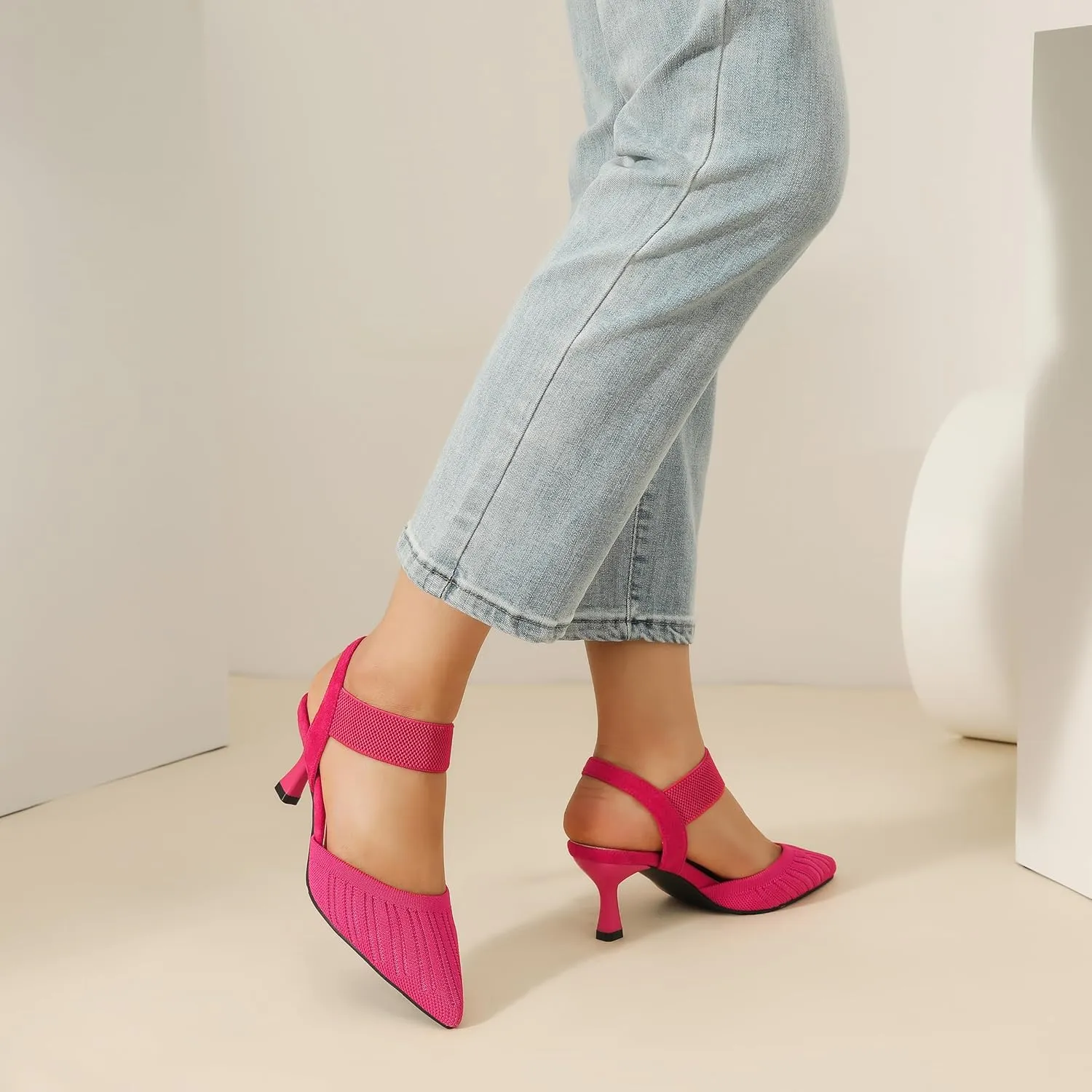 Enelauge Women's Closed Toe Low Kitten Heels Knit Pumps Elastic Ankle Strap Sandals Slingback Pointed Toe Wedding Prom Dress Shoes