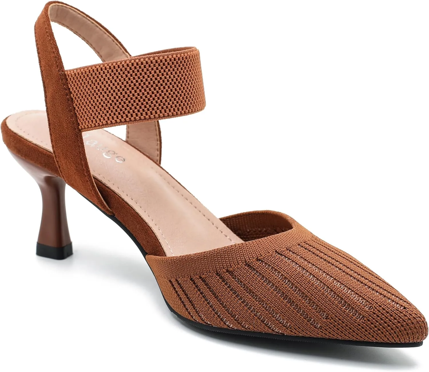 Enelauge Women's Closed Toe Low Kitten Heels Knit Pumps Elastic Ankle Strap Sandals Slingback Pointed Toe Wedding Prom Dress Shoes