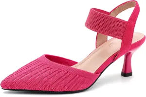 Enelauge Women's Closed Toe Low Kitten Heels Knit Pumps Elastic Ankle Strap Sandals Slingback Pointed Toe Wedding Prom Dress Shoes