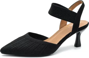 Enelauge Women's Closed Toe Low Kitten Heels Knit Pumps Elastic Ankle Strap Sandals Slingback Pointed Toe Wedding Prom Dress Shoes