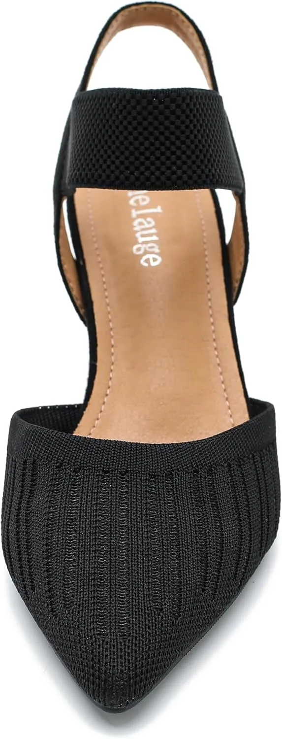 Enelauge Women's Closed Toe Low Kitten Heels Knit Pumps Elastic Ankle Strap Sandals Slingback Pointed Toe Wedding Prom Dress Shoes