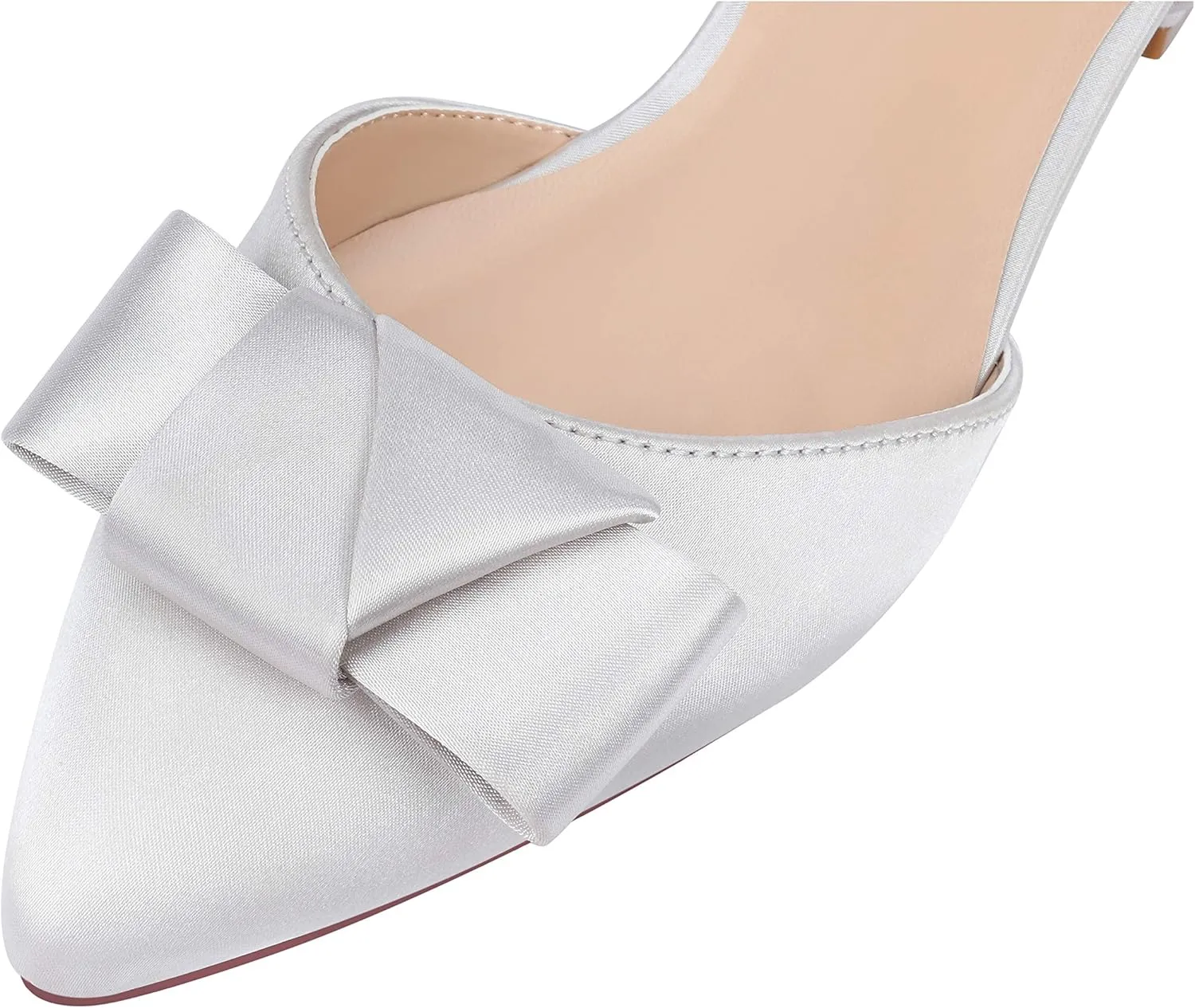 ERIJUNOR Comfortable Low Heel Wedding Shoes with Bow Knot D’orsay Pointy Toe Flats