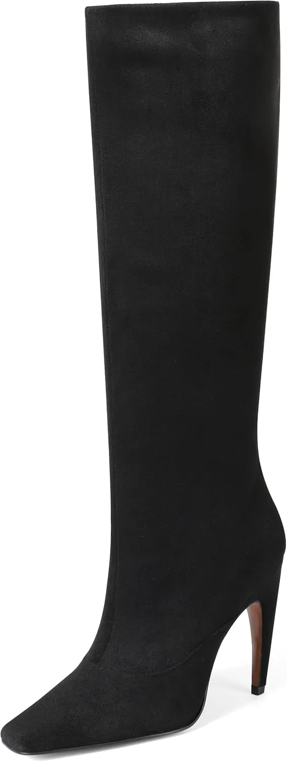 Eteridrey Knee High Boots Women Wide Calf Boots Square Toe Stiletto Heel Boots Pull on High Heel Tall Boots Women Fall Winter Party Boots