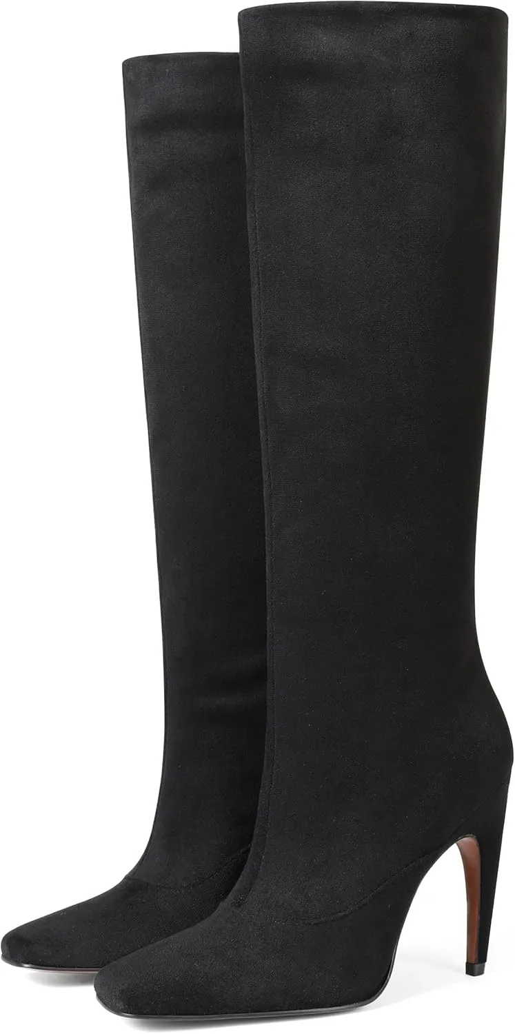 Eteridrey Knee High Boots Women Wide Calf Boots Square Toe Stiletto Heel Boots Pull on High Heel Tall Boots Women Fall Winter Party Boots
