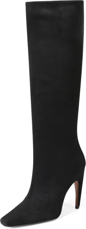 Eteridrey Knee High Boots Women Wide Calf Boots Square Toe Stiletto Heel Boots Pull on High Heel Tall Boots Women Fall Winter Party Boots