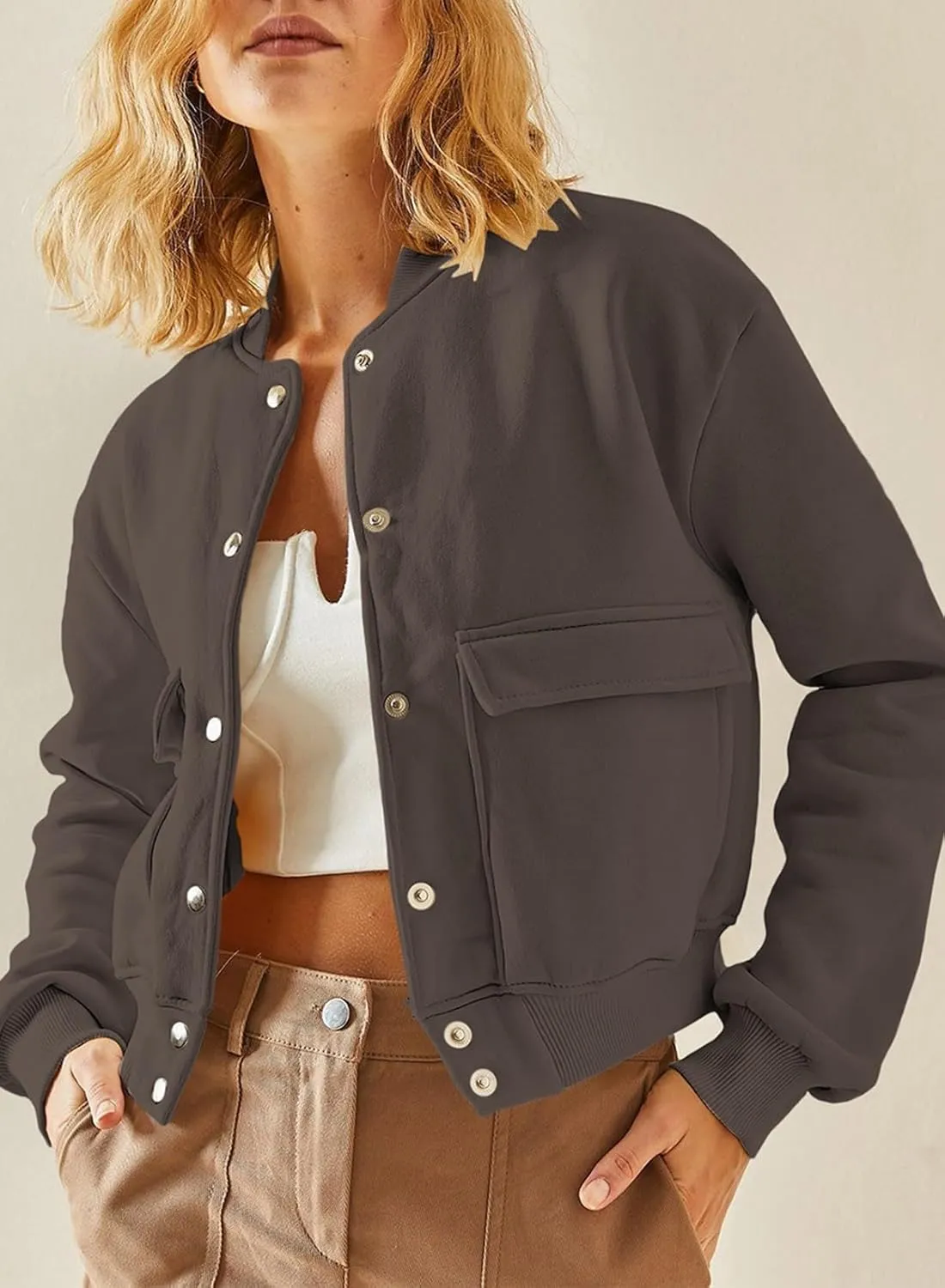 EVALESS Womens Jacket 2024 Fall Winter Long Sleeve Stand Collar Shacket with Side Pocket Lightweight Coat