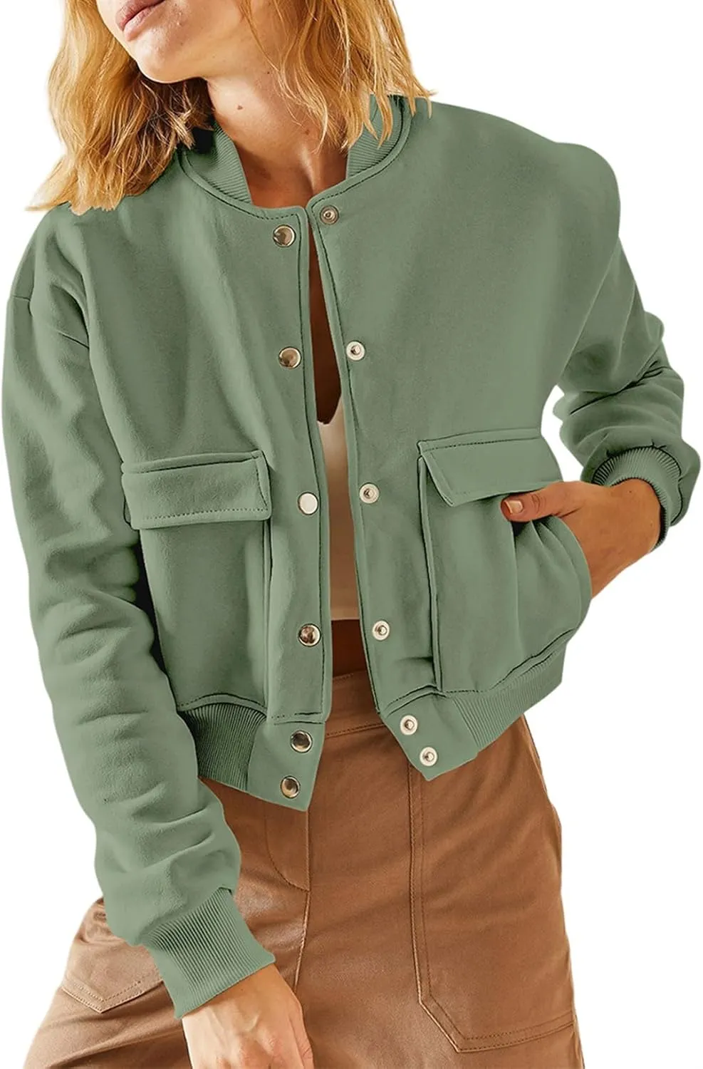 EVALESS Womens Jacket 2024 Fall Winter Long Sleeve Stand Collar Shacket with Side Pocket Lightweight Coat