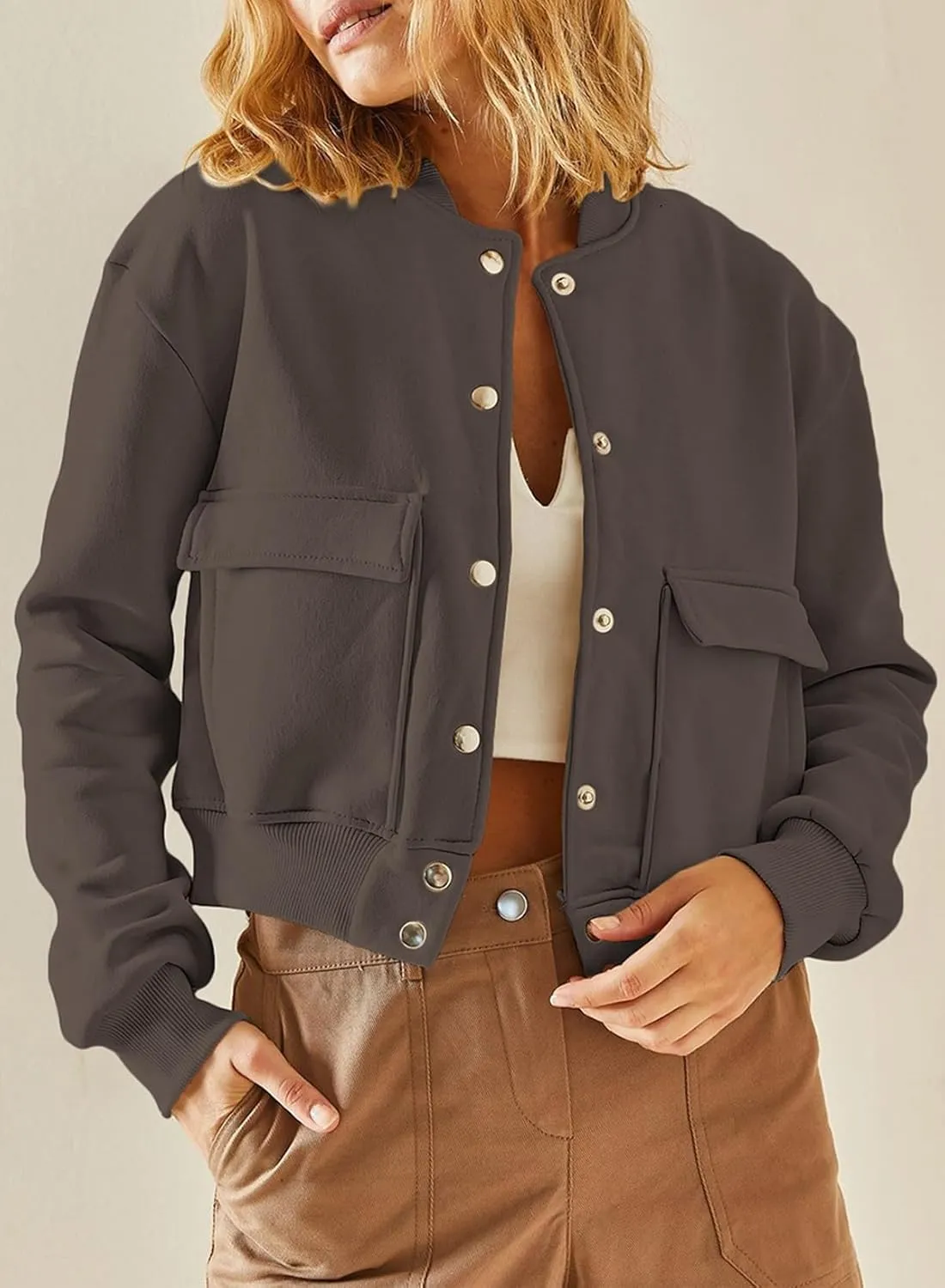 EVALESS Womens Jacket 2024 Fall Winter Long Sleeve Stand Collar Shacket with Side Pocket Lightweight Coat