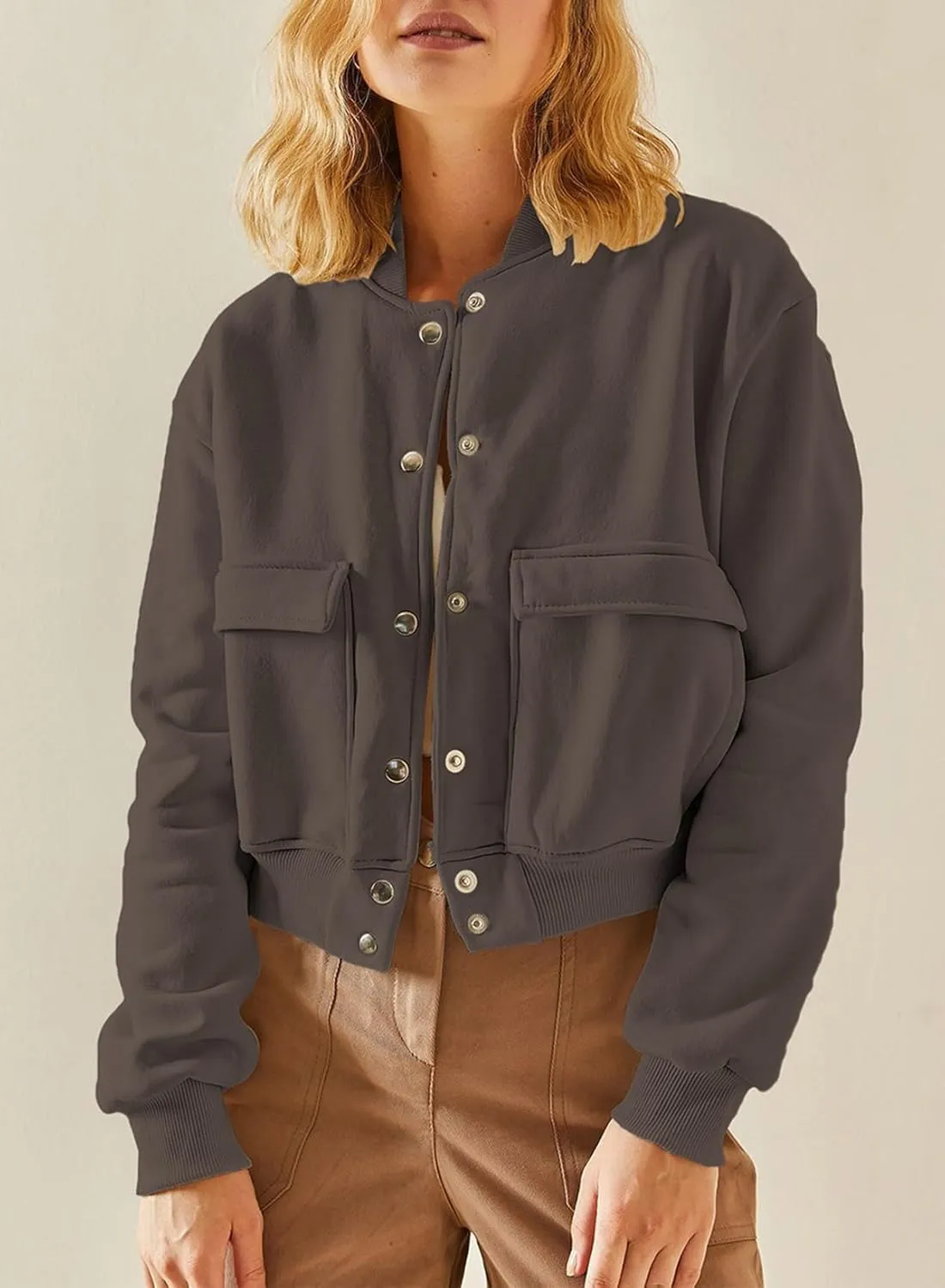 EVALESS Womens Jacket 2024 Fall Winter Long Sleeve Stand Collar Shacket with Side Pocket Lightweight Coat
