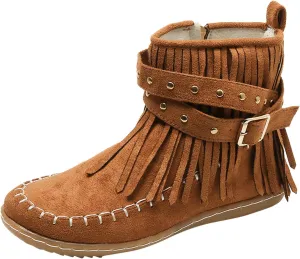 fabalshop Women's Western Cowboy Boots, Fringe Faux Suede Boots Retro Round Toe Fringe Buckle Strap Ankle Boot Low Heel Rome Flat Shoes Tassel Knight Booties Shoes