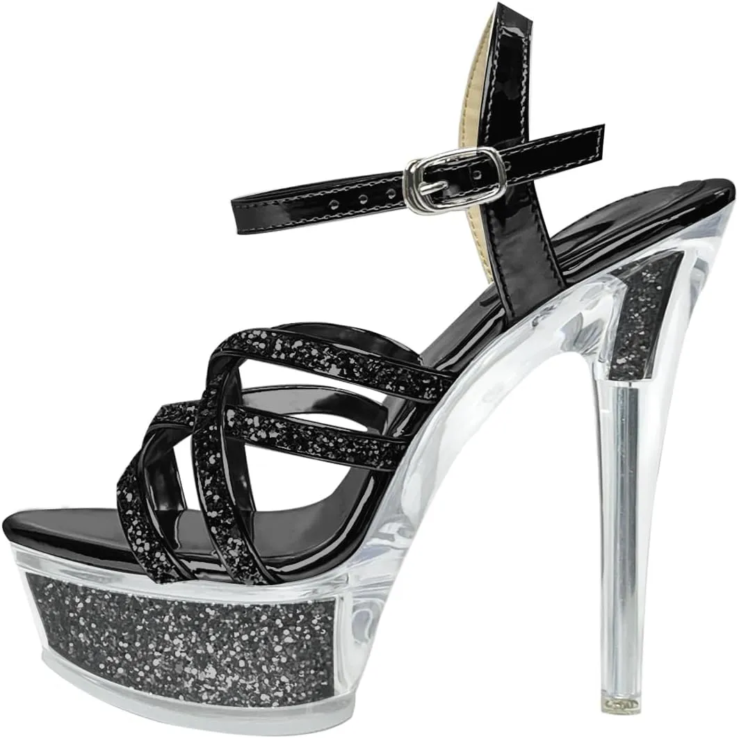 Fantoesay Women's Platform Sandals Sparkling Glitter Strappy Stiletto High Heels Sexy Clear Sandals