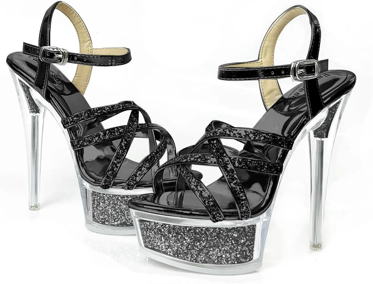 Fantoesay Women's Platform Sandals Sparkling Glitter Strappy Stiletto High Heels Sexy Clear Sandals
