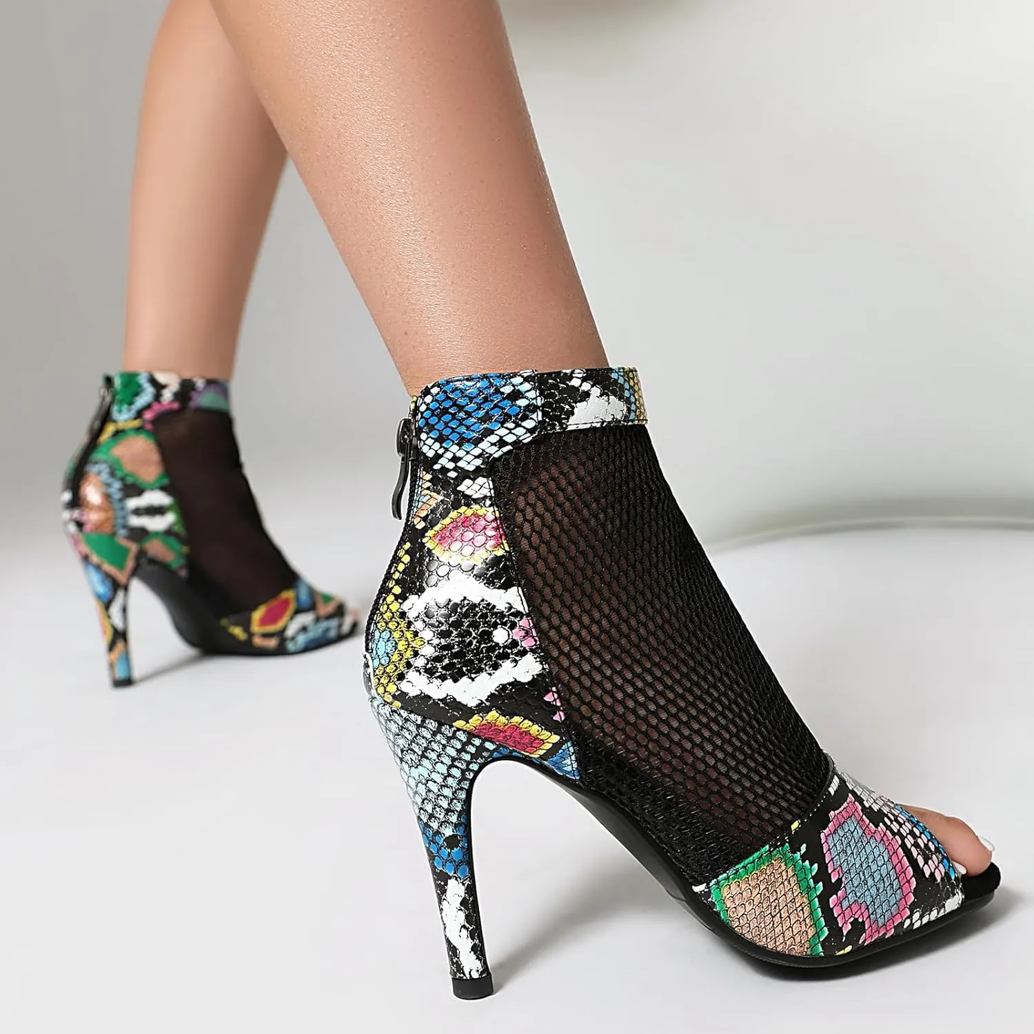 Fashion Peep Toe Mesh Air Snakeskin Booties Women Gladiator Summer Booties Open Toe Leopard Ankle Boots Stiletto High Heeled Dance Wedding Party Sandals